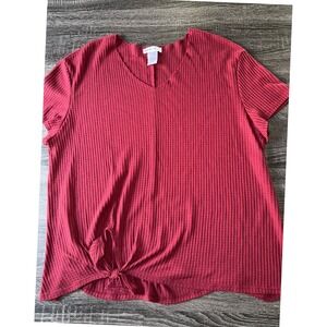 Meri Skye Womens 3X Dark Red Waffle‎ Knit V-Neck Front Knot Short Sleeve Top